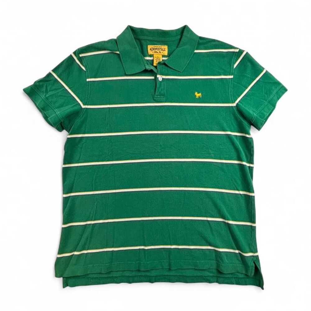 Aeropostale Green Striped Polo Shirt Mens XL Y2K Preppy Short Sleeve
